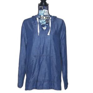 NATURAL REFLECTIONS Chambray Hoodie Lyocell Denim V-Neck Long Sleeve Sz M